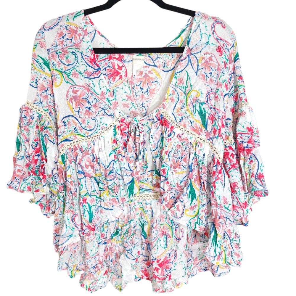 L Space Crop Blouse Womens S Multicolor Paisley Short Flutter Sleeve Tie Front